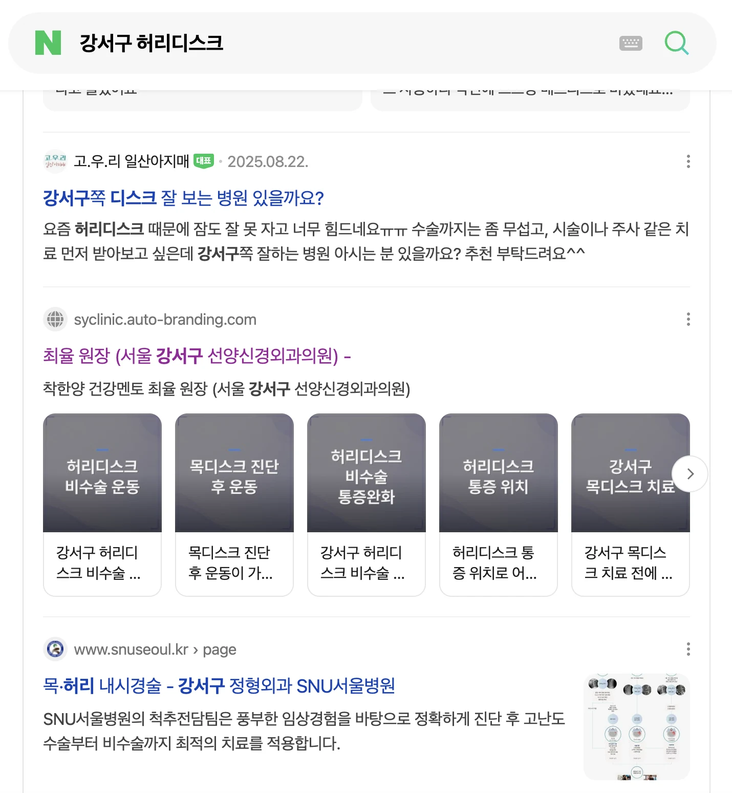 네이버에서 강서구 허리디스크를 검색했을 때 Auto-Branding 고객사 콘텐츠가 노출된 결과